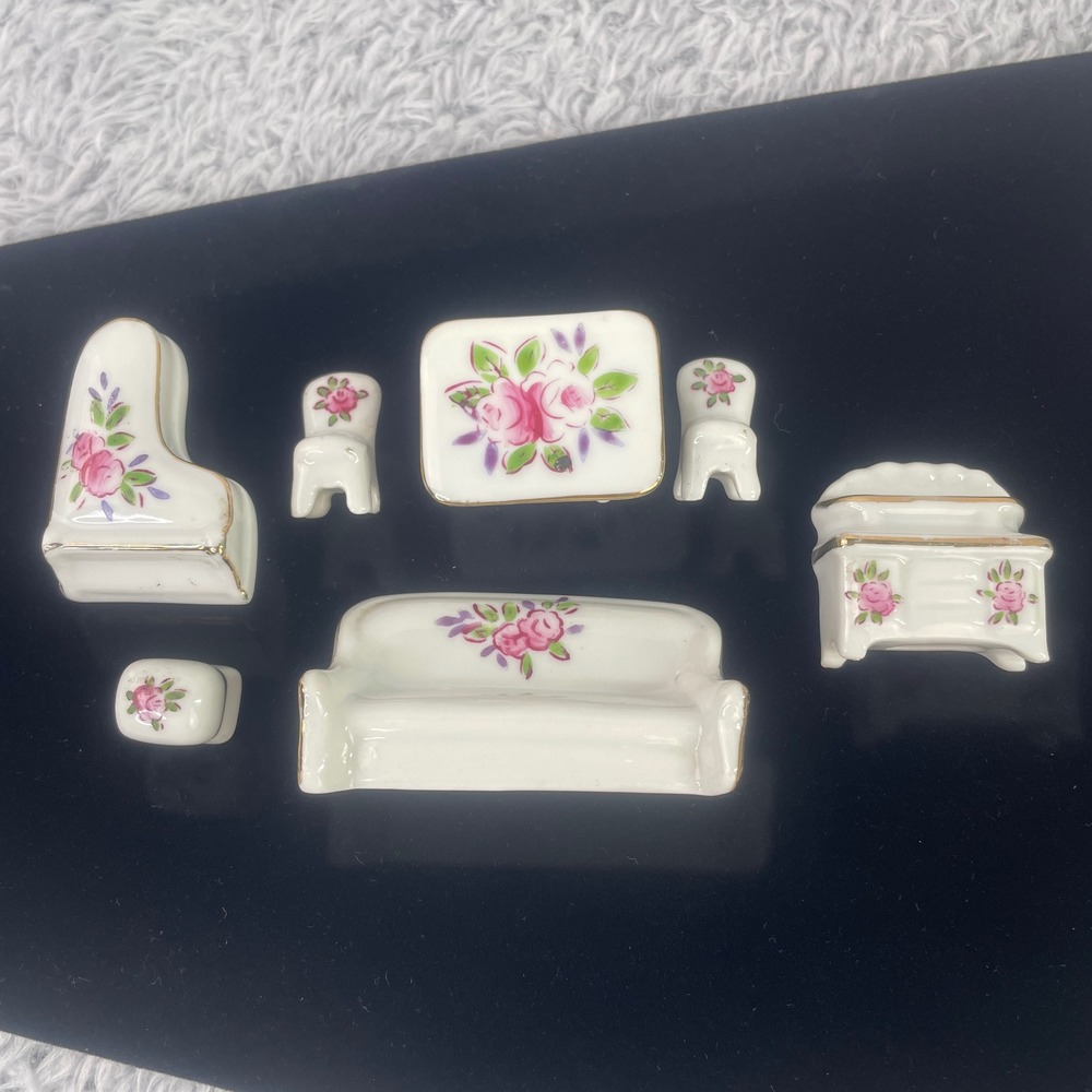 Vintage Miniature Furniture Set White Floral Porcelain Japan 7pc Dollhouse
